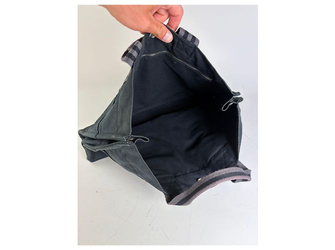 Hermès Borsa Tote Vintage Hermes in tela Nero Grigio Scuro - vista 3
