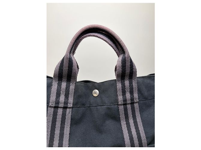 Hermès Borsa Tote Vintage Hermes in tela Nero Grigio Scuro - vista 6
