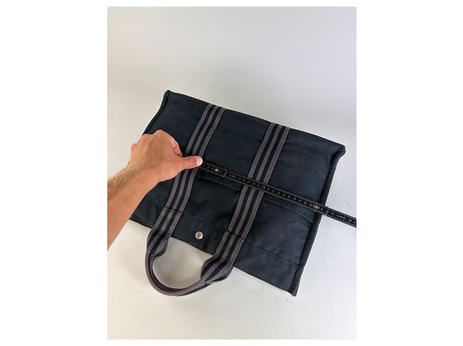 Hermès Borsa Tote Vintage Hermes in tela Nero Grigio Scuro - vista 8