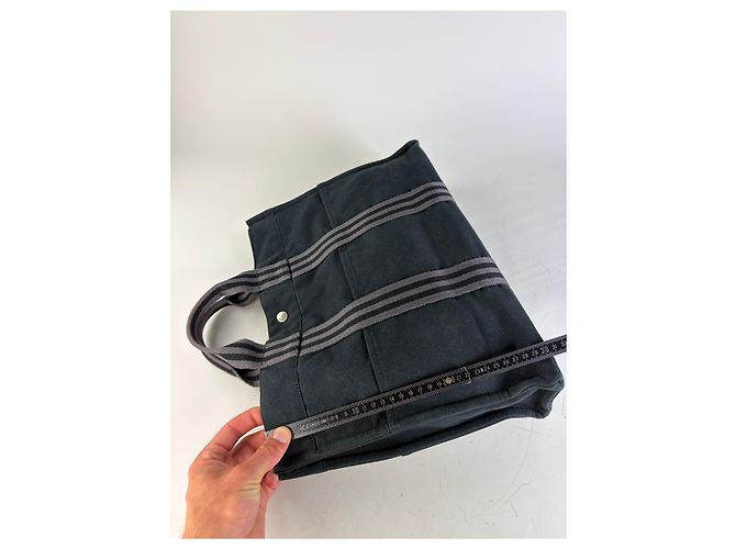 Hermès Borsa Tote Vintage Hermes in tela Nero Grigio Scuro - vista 9