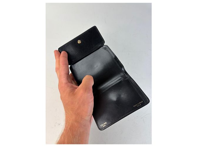 Edge Céline Vintage Celine Leather Kiss Lock Wallet Black Silver - view 5
