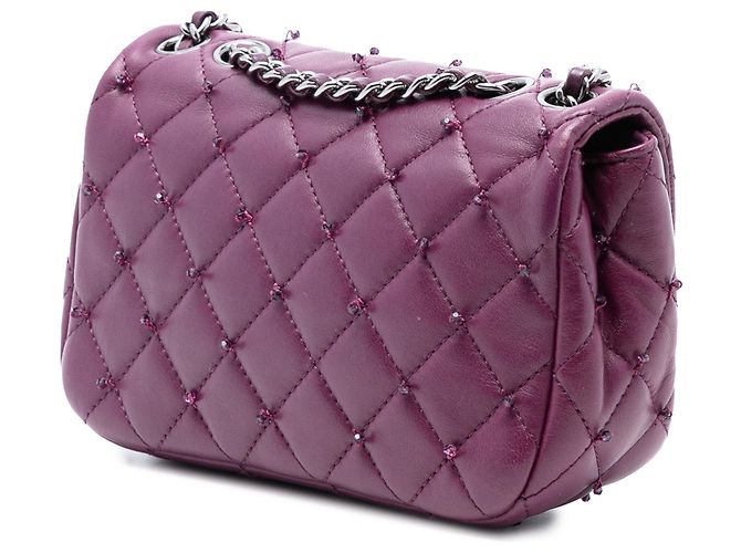 Bolsa transversal extra mini Chanel retangular em pele de cordeiro com contas roxa de aba única Roxo - vista 2