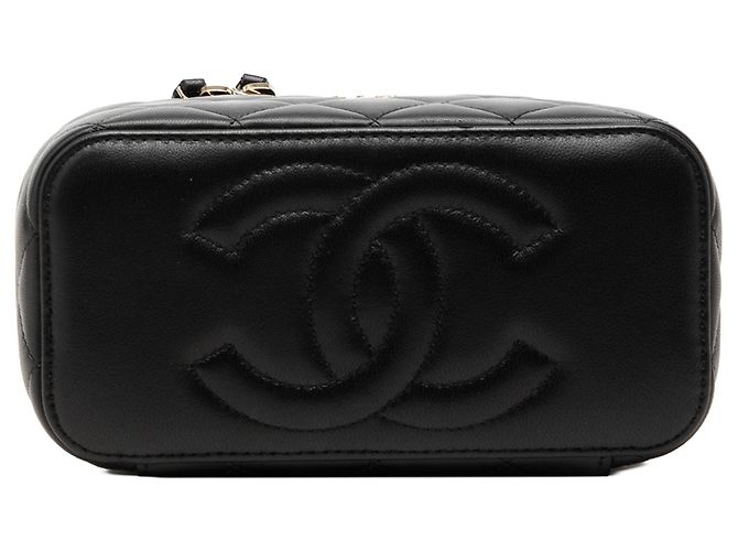 Vanity Piccola beauty case Chanel in pelle d'agnello nera con manico superiore e tracolla con catena Nero - vista 3