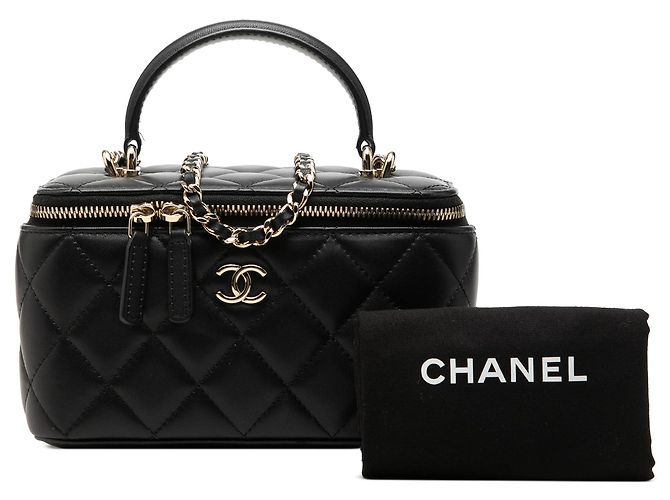 Vanity Piccola beauty case Chanel in pelle d'agnello nera con manico superiore e tracolla con catena Nero - vista 8