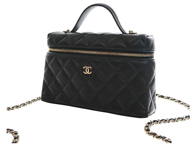 Mini Vanity Case Chanel Black CC Quilted Caviar Slim con borsa a tracolla con catena Nero - vista 9
