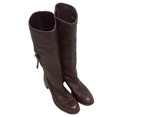 Botas altas de cuero marrón con hebilla Prada Talla 37 Castaño - vista 2