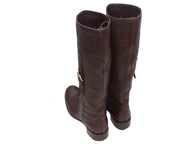Botas altas de cuero marrón con hebilla Prada Talla 37 Castaño - vista 3
