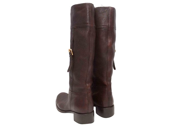Botas altas de cuero marrón con hebilla Prada Talla 37 Castaño - vista 4