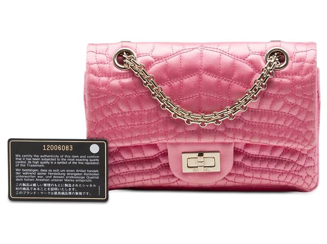 Borsa a tracolla Chanel Coco Croc Reissue 2.55 Double Flap in raso trapuntato rosa 224 - vista 7