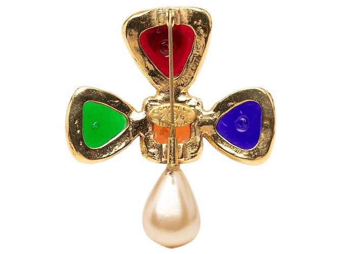 Spilla appuntata Chanel placcata in oro multicolore con Gripoix e perle finte D'oro - vista 2