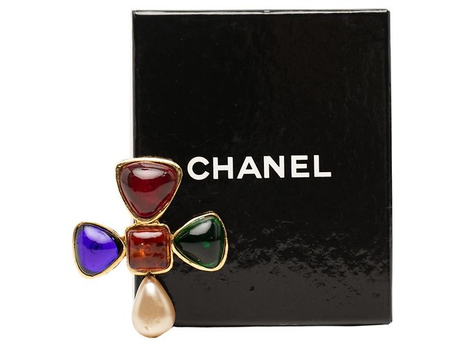 Spilla appuntata Chanel placcata in oro multicolore con Gripoix e perle finte D'oro - vista 5
