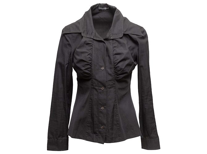 Schwarzes Dolce & Gabbana gerafftes Langarm-Button-Up-Oberteil Größe US S - Ansicht 2