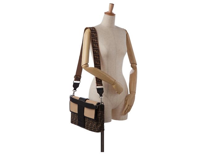 Borsa a tracolla convertibile Fendi Large Zucca Canvas Marrone - vista 10