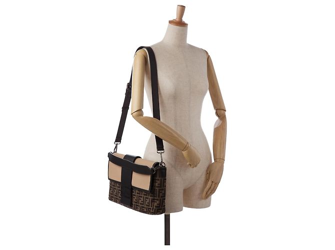 Borsa a tracolla convertibile Fendi Large Zucca Canvas Marrone - vista 11
