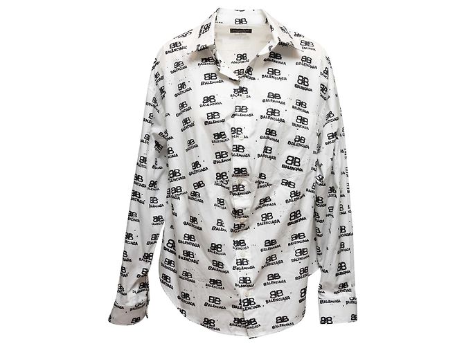Weiß-schwarzes Balenciaga Logo-Print Button-Up Top Größe FR 34 - Ansicht 2