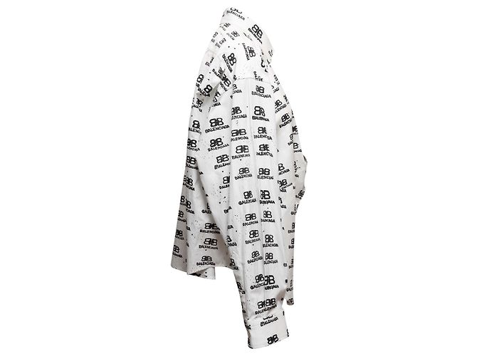 Weiß-schwarzes Balenciaga Logo-Print Button-Up Top Größe FR 34 - Ansicht 3