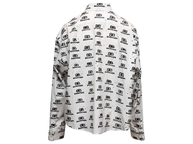 Weiß-schwarzes Balenciaga Logo-Print Button-Up Top Größe FR 34 - Ansicht 4