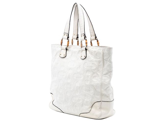 Bamboo Tote Gucci de couro branco com alça de bambu e mors - vista 2