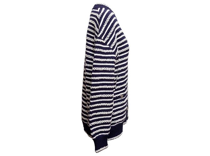 Chanel gestreifter Baumwollcardigan in Navy & Weiß Größe FR 48 Blau - Ansicht 2