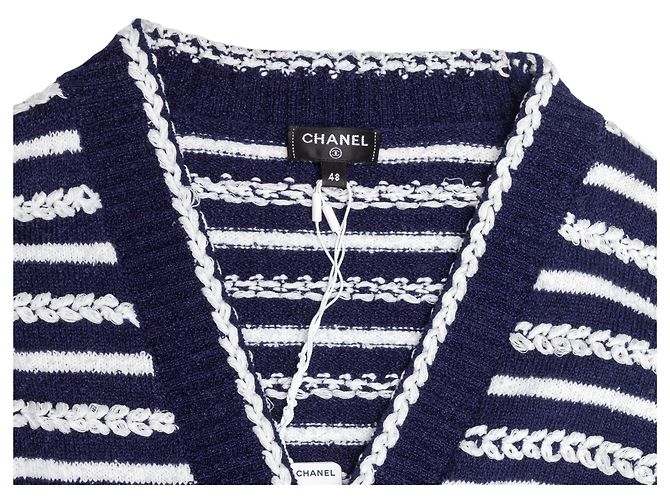 Chanel gestreifter Baumwollcardigan in Navy & Weiß Größe FR 48 Blau - Ansicht 4