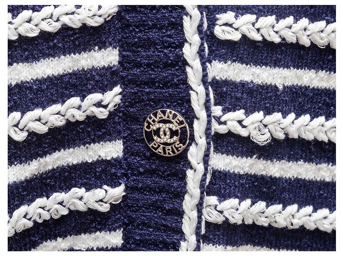 Chanel gestreifter Baumwollcardigan in Navy & Weiß Größe FR 48 Blau - Ansicht 6