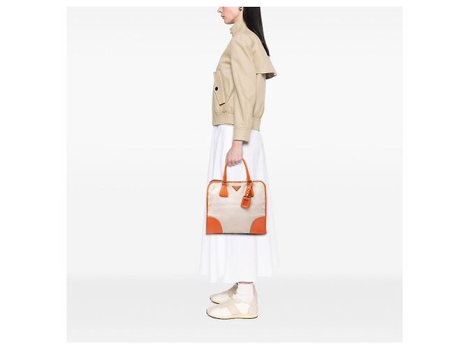 Borsa Prada Saffiano Trimmed Canvas Canapa beige - vista 7