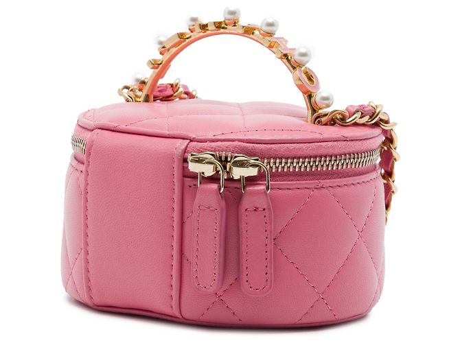 Mini Vanity Case Chanel in agnello trapuntato Mini CC rosa con manico superiore in perle e tracolla a catena - vista 2