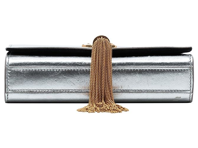 Borsa a tracolla Kate Small in pelle di vitello metallizzata con monogramma Saint Laurent argento - vista 3