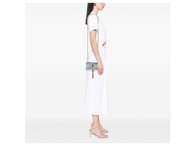 Borsa a tracolla Kate Small in pelle di vitello metallizzata con monogramma Saint Laurent argento - vista 7
