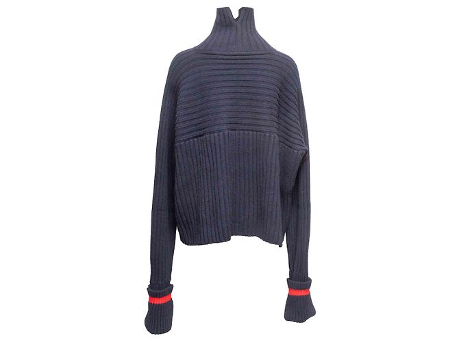 Céline Suéter de gola alta em lã e pelo de yak azul marinho e vermelho Celine Tamanho US M - vista 3