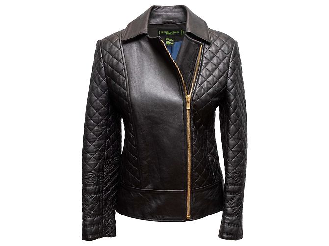 Schwarze gesteppte Leder-Moto-Jacke Shanghai Tang Größe US 4 - Ansicht 2