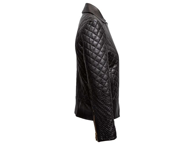 Schwarze gesteppte Leder-Moto-Jacke Shanghai Tang Größe US 4 - Ansicht 3
