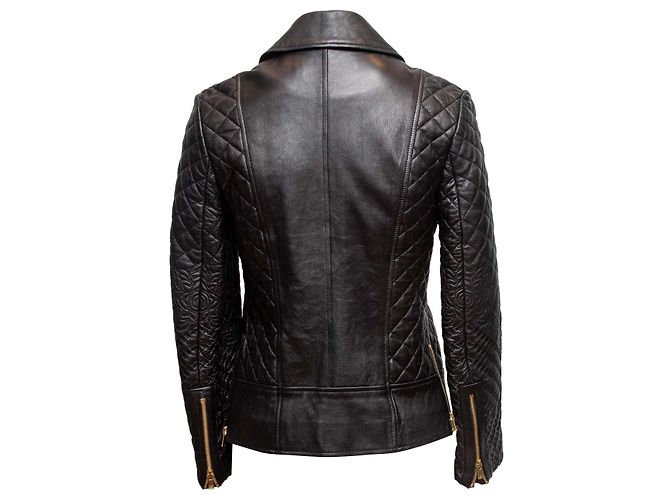 Schwarze gesteppte Leder-Moto-Jacke Shanghai Tang Größe US 4 - Ansicht 4