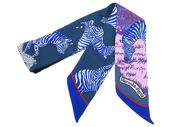 Blauer Hermès Les Zebres Seidentuch Twilly - Ansicht 2