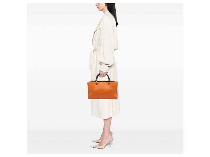 Orange Gucci Medium Calfskin Bamboo Shopper Satchel - view 7