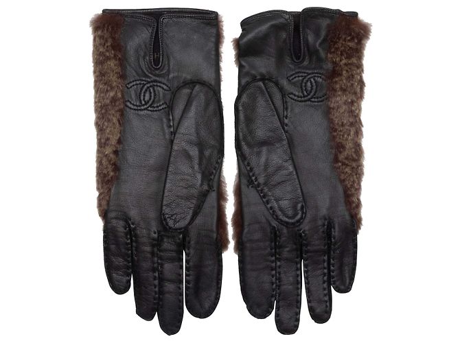 Chanel Pelz- und Lederhandschuhe Braun & Schwarz Größe 6.5 - Ansicht 2