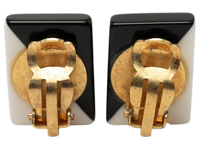 Black Chanel CC Bicolor Acrylic Rectangular Clip On Earrings - view 2
