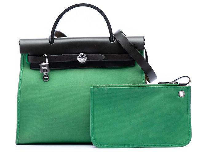 Borsa Hermès Herbag Zip 31 in Toile Militaire e Vache Hunter Verde - vista 7