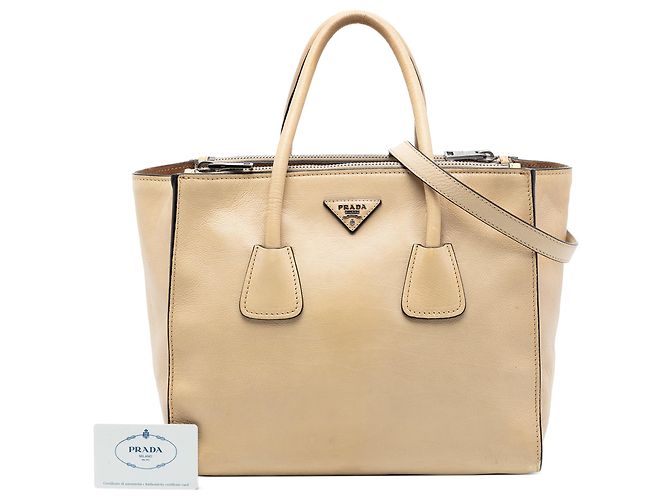 Double Bolsa satchel de couro de vitelo Glace bege com dois bolsos e alça dupla Prada - vista 7