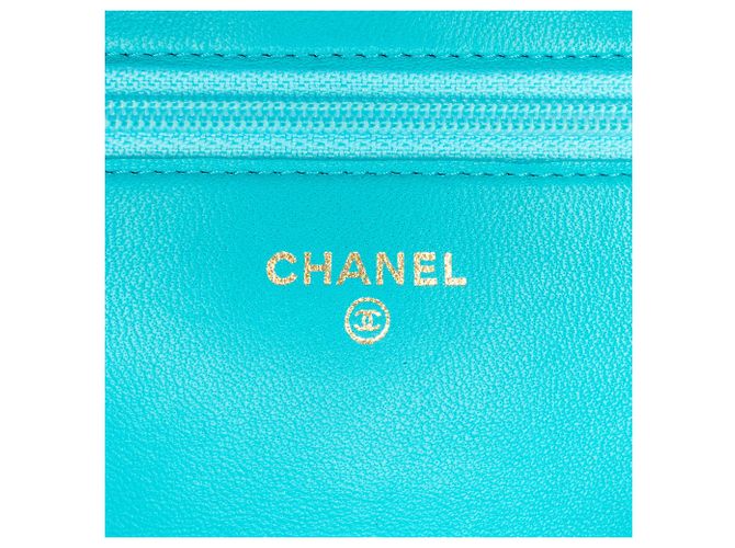 Wallet On Chain Borsa a tracolla con catena Chanel in pelle di agnello con stampa CC e camelia blu - vista 6