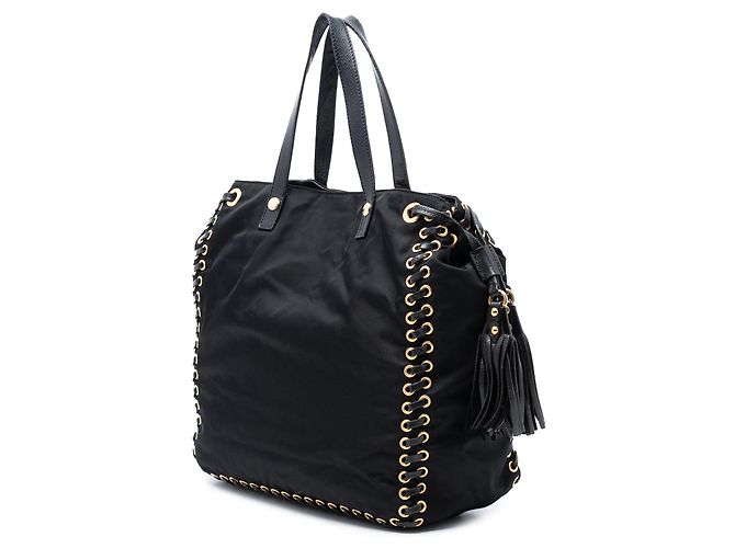 Borsa satchel nera Prada Tessuto con logo Oro, cuciture a vista e nappa - vista 2
