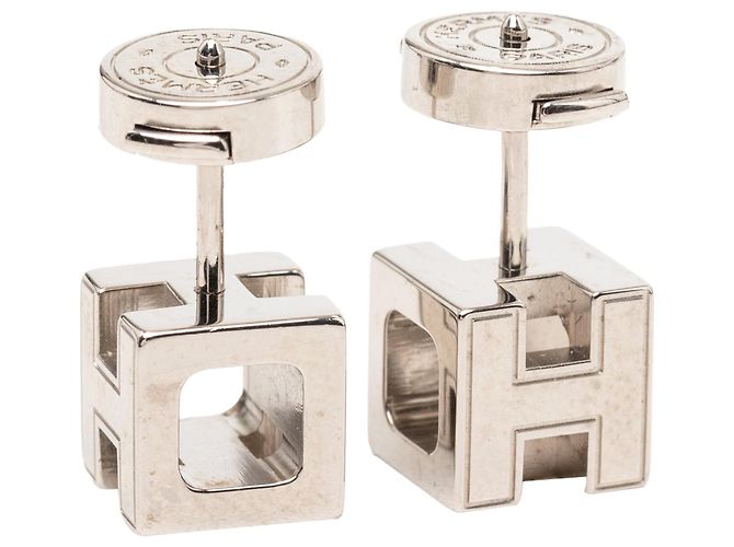 Silberne Hermès Cage D Emaille Ohrstecker mit Palladiumbeschichtung - Ansicht 3
