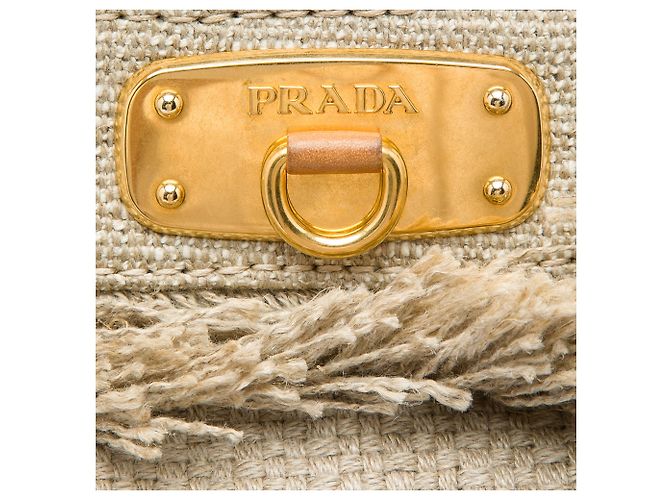 Tote Borsa shopping in rafia e lino beige Prada con frange - vista 5