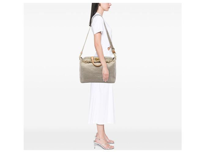 Tote Borsa shopping in rafia e lino beige Prada con frange - vista 8