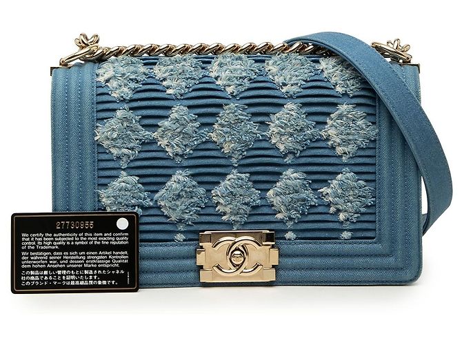 Borsa a tracolla Chanel Old Medium Pleated Denim Boy Flap blu - vista 7