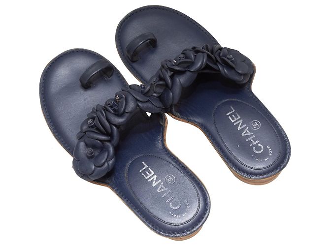 Navy Chanel Camellia Heeled Sandals Size 35 Blue - view 3