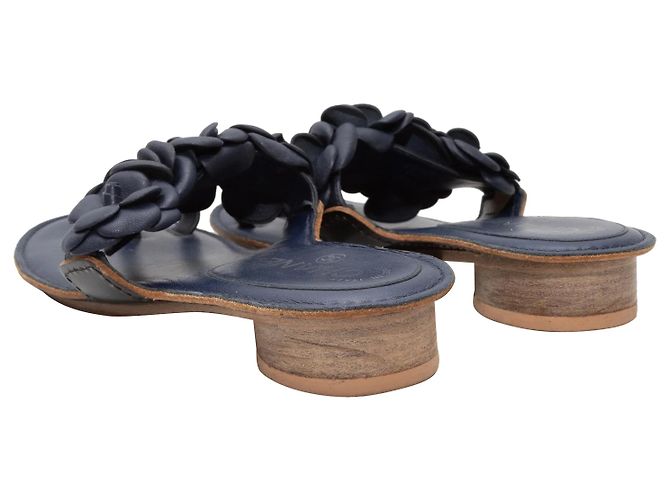 Navy Chanel Camellia Heeled Sandals Size 35 Blue - view 4