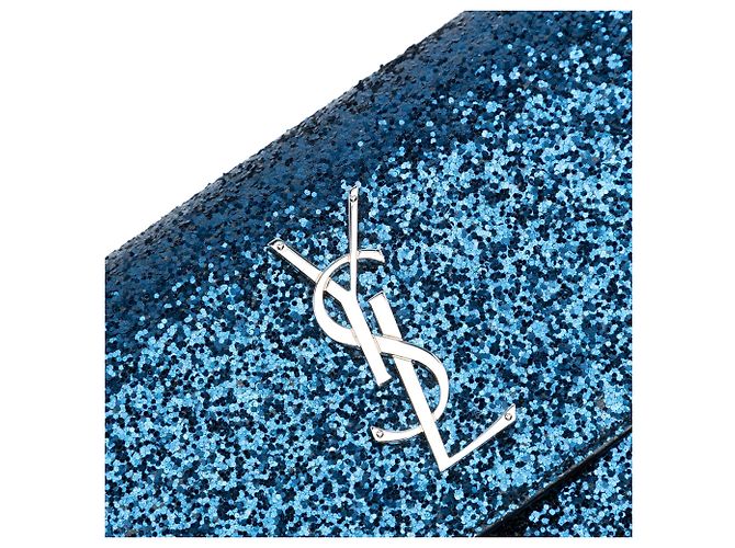 Piccola borsa a tracolla Saint Laurent Sunset in pelle monogrammata blu glitterata - vista 6