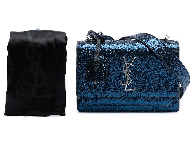 Piccola borsa a tracolla Saint Laurent Sunset in pelle monogrammata blu glitterata - vista 8