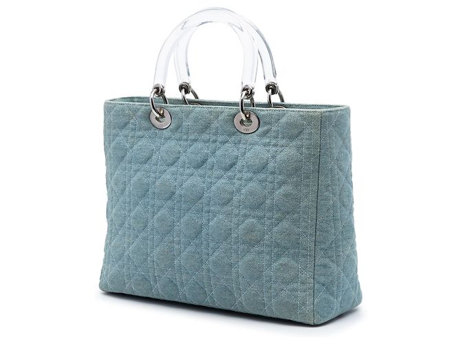Borsa satchel Lady Dior in denim blu grande con manici in acrilico cannage - vista 2